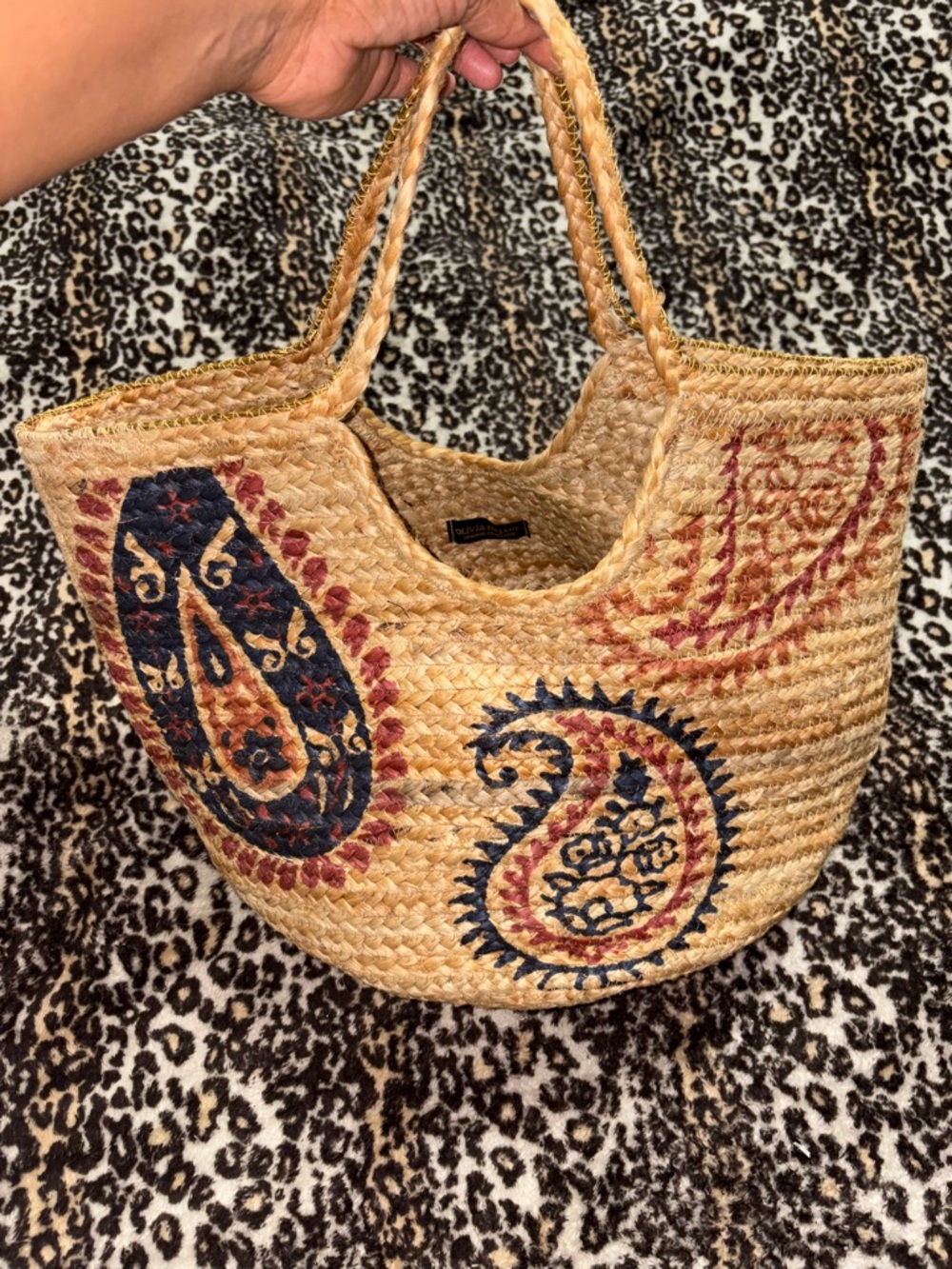 Olivia Miller Multi Natural Straw Tote with Navy and Maroon Paisley